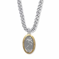1-1/8 Inch Two Tone Sterling Silver Oval St. Christopher Medal on 24" Chain, Patron of Travelers