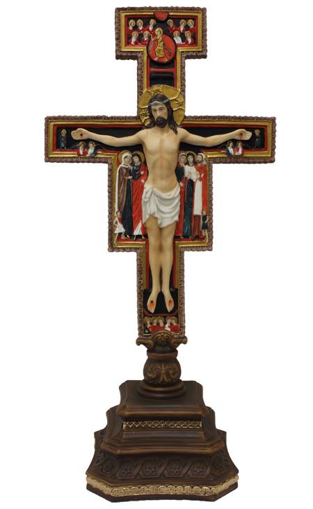 14" Standing San Damian Cross Lightly Painted Cold Cast Bronze A Veronese standing San Damian crucifix in fully hand-painted color 14".