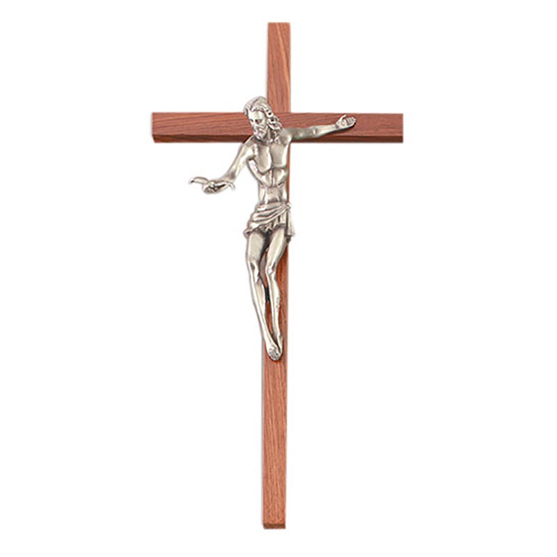 18cm Free Standing Crucifix Cross ASH WOOD Resin Jesus Corpus with 2cm Pewter Love Heart Token Brooch