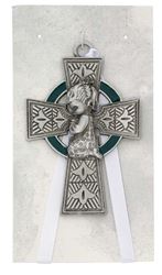 3 1/4" Pewter Celtic Cross Baby Girl Crib Medal With Green Enamel