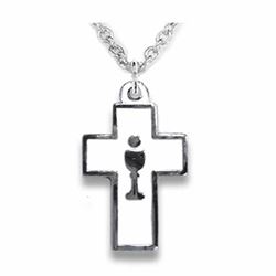 3/4 Inch Silver Plated Enameled Cross and Centered Chalice Necklace