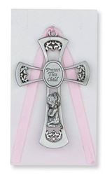 3.75" Pewter Girl Wall Cross, Pink "Protect this Child"
