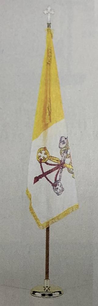 3' x 5' Papal Flag with 8' Pole ?This Colonial Nyl-Glo Mounted Set includes: ?Admiral floor stand, fringed flag, 2-piece polished oak pole, ornament, golden yellow cord and tassels.
