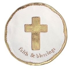 4" Blessing Trinket Tray with Cross "Faith and Blessings" 4" diameter, porcelain; perfect to hold a rosary, jewelry, or small keepsake
