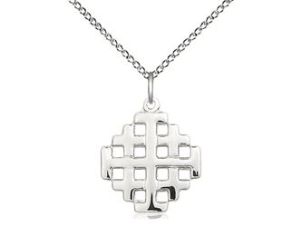 Sterling Silver Jerusalem Cross Pendant on a 18 inch Sterling Silver Light Curb Chain. ?Gift Boxed; Made in the USA