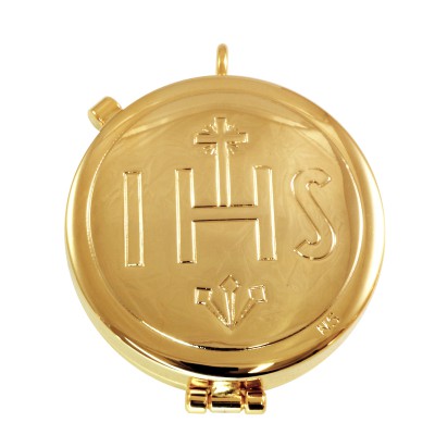 IHS Pyx Made In Italy ??24k gold plated pyx IHS design, complete with ring to attach it to the neck. 5,3 cm. x 1,8 cm. It holds about 12 hosts  The gilt is guaranteed