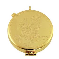 Made In Italy 24k gold plated pyx with engraved "Lamb of Peace"  Complete with ring to attach it to the neck  It holds about 12 hosts  Size: Ø 5.3 cm. x 1,8 cm.  The gilt is guaranteed
