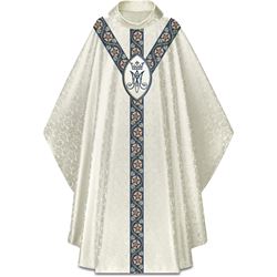 Slabbinck Gothic Chasuble, Ecru Duomo Marian Design, Roll Collar