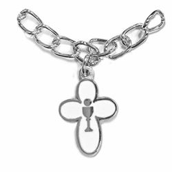 7 Inch Silver Plated Round Cross with Chalice Charm Bracelet