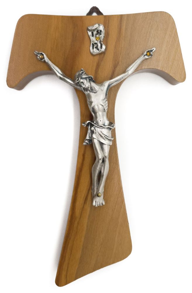 7" Olive Wood Tau Cross with Silver Corpus