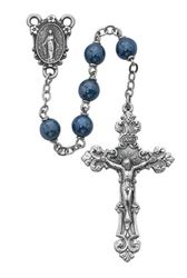 7mm Blue Glass Rosary Silver Oxidized Crucifix And Center /Gift Boxed
