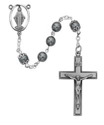 7mm Imitation Hematite Rosary Pewter Crucifix And Center Gift Boxed