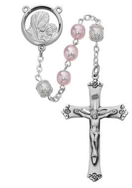 7mm Pink/Pearl Rosary Rhodium Crucifix And Center Gift Boxed