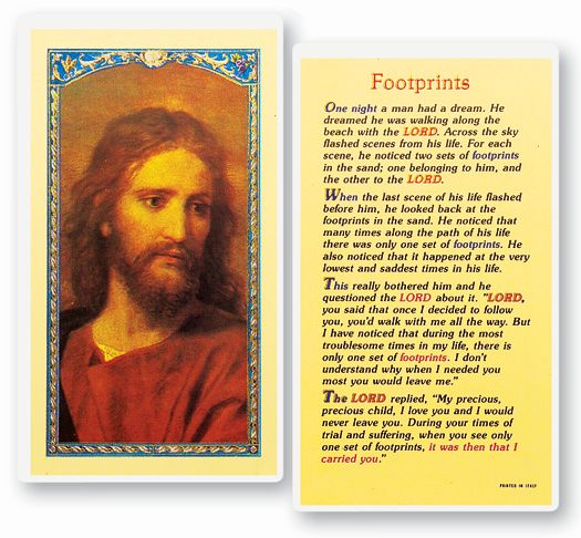 Footprints (Head of Christ)  Clear, laminated Italian holy cards with Gold Accents. Features World Famous Fratelli-Bonella Artwork. 2.5'' x 4.5''