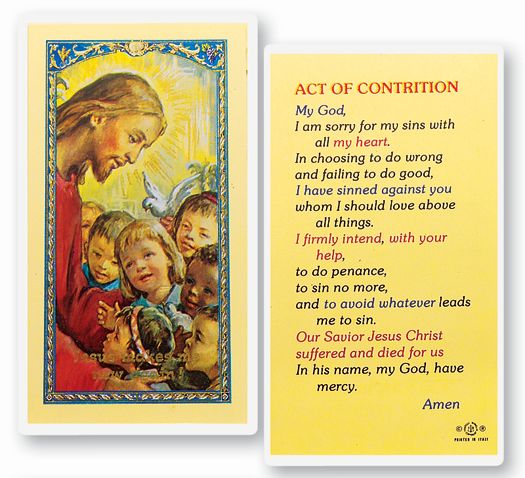 Act of Contrition  Clear, laminated Italian holy cards with Gold Accents. Features World Famous Fratelli-Bonella Artwork. 2.5'' x 4.5'' 