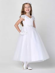 Ariel White First Communion Dress  Satin bodice with tulle skirt, waist has embroidered lace trim with rhinestones and sequins. Corset style lace up sides. Button accents at back. MADE IN THE USA
