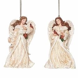 Assorted 4.5" Angel with Cardinal and Flower Ornaments, Sold Each