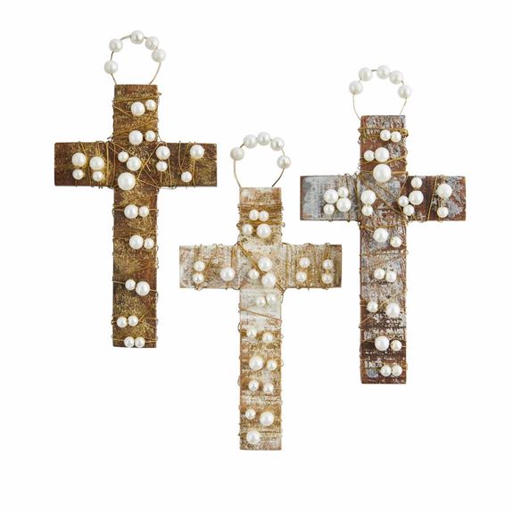 Assorted Pearl-Wood Cross Ornaments, Sold Each