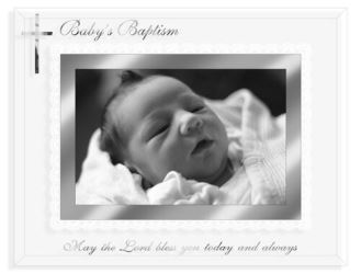 Babys Baptism frame. Holds 4" x 6" photo, mirrored glass with silver metal inner border.