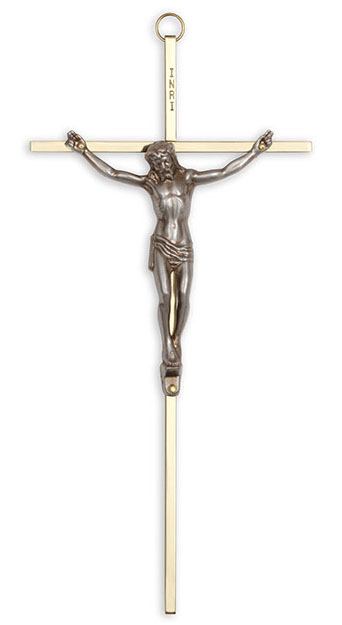 Brass 10" Wall Crucifix with Antique Silver Plated Corpus