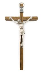 Brown Wood 4.75" Hanging Crucifix with Silver Corpus 