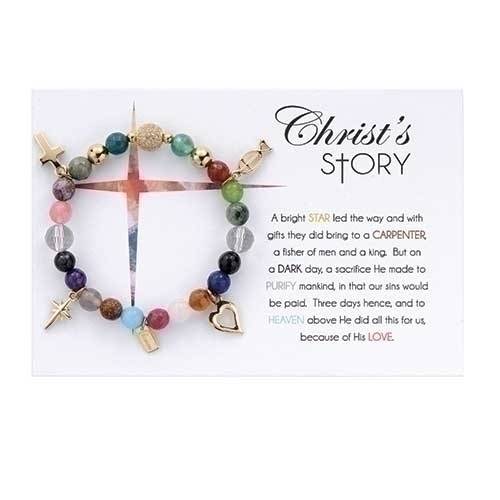 Christ's Story Agate Bracelet SEMI-PRECIOUS GEMSTONES SP METAL 7" STRETCH