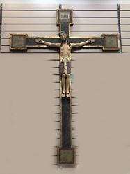 Cristo Romanico Crucifix, 63" Ht with 26" Corpus, Wood Carved and Hand Painted, Made in Italy