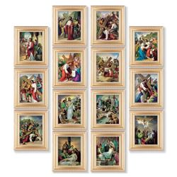 Fine Detail Scrollwork Satin Gold Frame with the Stations of the Cross, 14 Piece Set