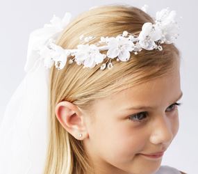 First Communion Flower Crown Veil with a Rhinestone Center and Beaded Leaves