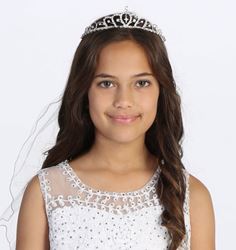 First Communion Tiara with Cross and Embroidered Veil 