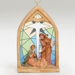 Fontanini Holy ?Family Nativity Ornament with Stain Glass Background ?Resin ?4"H 2.63"W 1.38"D