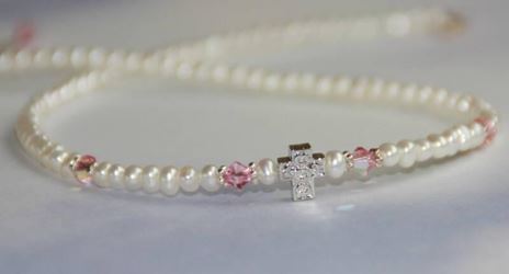 Freshwater Pearls, Pink Crystal and Cross Necklace