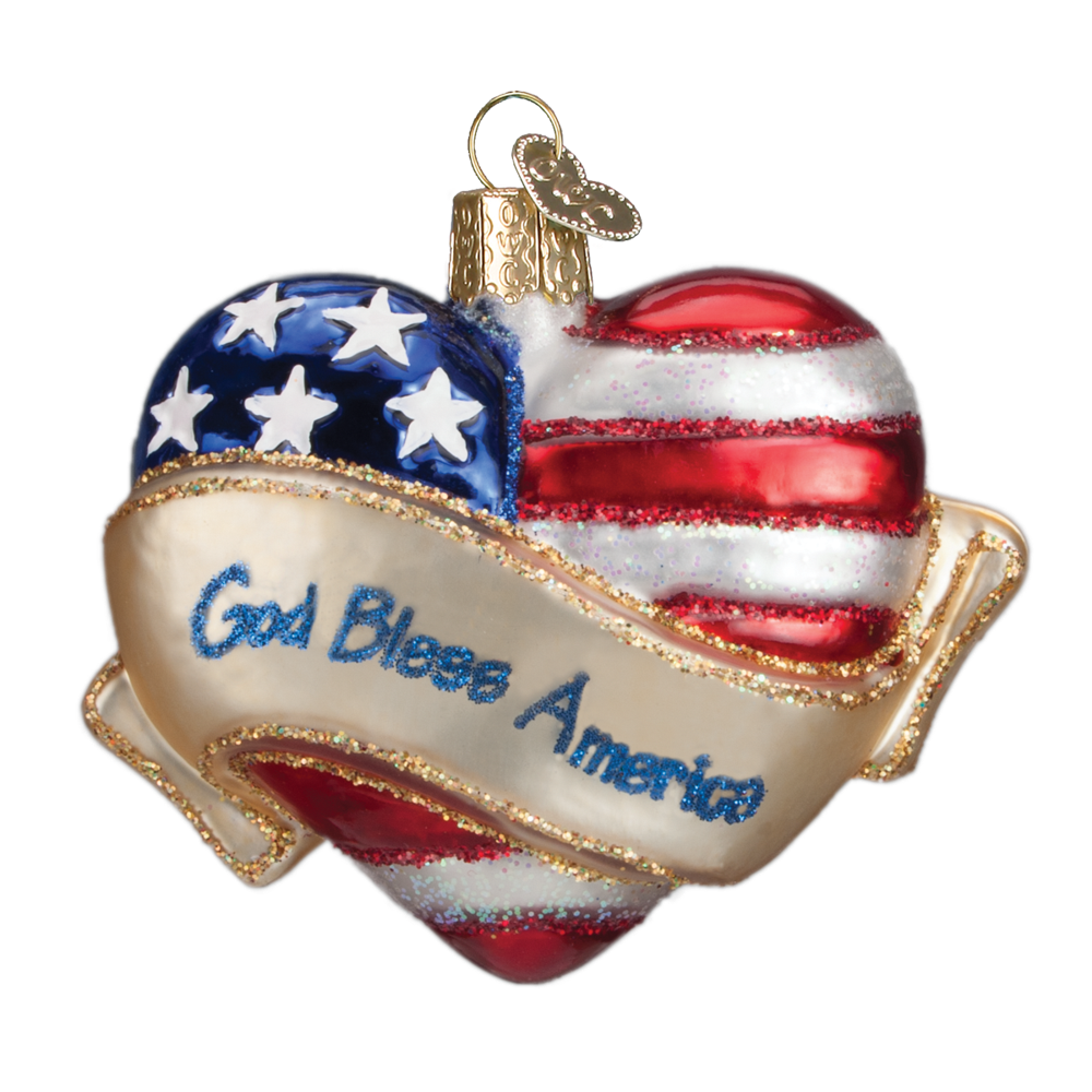 3" hand blown glass ornament "God Bless America" in Heart