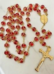 Gold Capped Red Bead Rosary from Italy