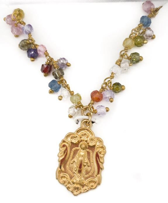 Gold Filled Miraculous Medal W/Multi Colored CZ Stones 18" Chain