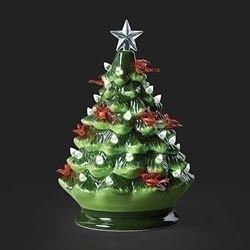 Green Porcelain 8" Lighted Christmas Tree with Cardinals and Twinkle Lights