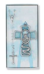 Guardian Angel Crib Medal and Rosary Set, Blue "Angel of God Protect this Child"