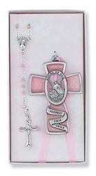 Guardian Angel Crib Medal and Rosary Set, Pink "Angel of God Protect this Child"