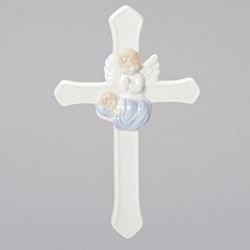 7.5" Porcelain Guardian Angel with Baby Boy Wall Cross Gift Boxed. 7.25"H 4.5"W 0.75"D