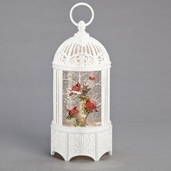 CONTINUOUS MOTION!!! ?10.25" tall LED Lighted Cardinals in Birdcage Water/Glitter Swirl Lantern ?Batteries not included.