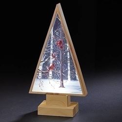 CONTINUOUS MOTION!!! 11" tall LED lighted water/glitter swirl Cardinal Tree holiday decoration; plastic 11" tall x 6.25" wide x 2.75" deep. Batteries not included
