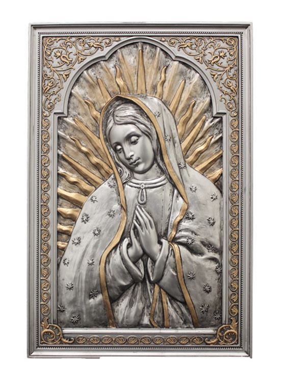 Guadalupe plaque in a pewter style finish with gold highlights, 6x9". STANDS/HANGS