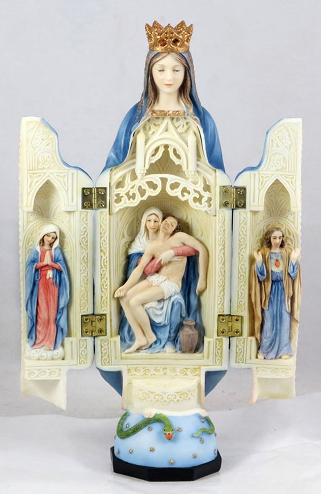 Our Lady of Sorrows Triptych in fully hand-painted color, 11inches. See below for image of Triptych with doors open.