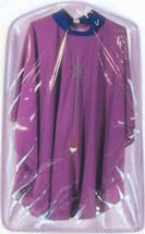 Vestment Covers: Made from heavy duty clear vinyl these will last for many years. Each has a metal grommet (at the hanger opening) and a full length zipper opening. Fits Chasuble (32" x 56")