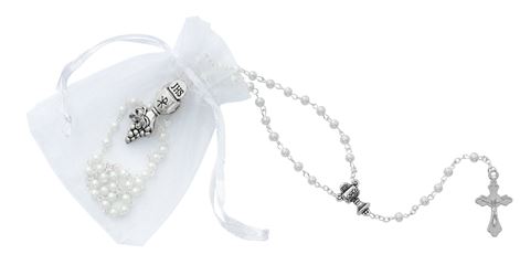 Pearl Rosary and Communion Pin in White Draw String Pouch