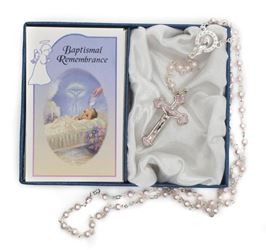 Pink Baptismal Rosary and Card