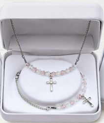 Pink Crystal and Rhodium Cross Bracelet and Necklace Set