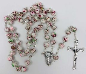 Pink Green White Painted Glass Bead Rosary from Italy