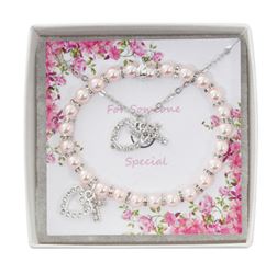 Pink Pearl Bracelet w/Crystal Heart & Cross Pendant