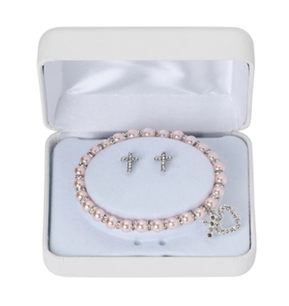 Pink Pearl Stretch Bracelet with Crystal Cross Earring Set